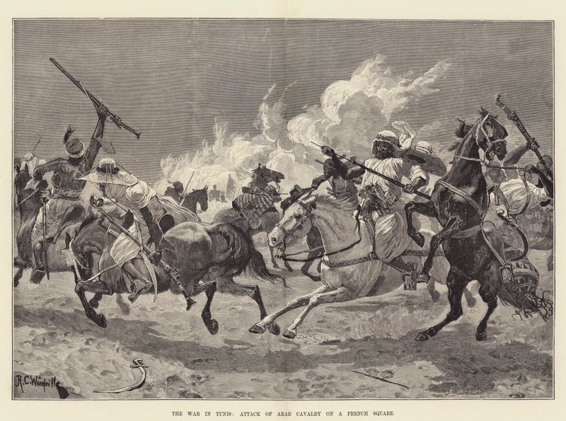 De oorlog in Tunis, aanval van Arabische cavalerie op een Frans plein door Richard Caton Woodville junior