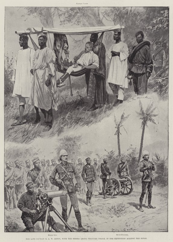 De overleden Kapitein E A W Lendy, met de Sierra Leone Frontier Police, in de expeditie tegen de Sofas door Richard Caton Woodville junior