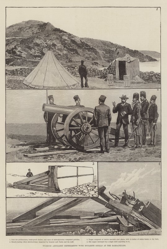 Turkse Artillerie Experimenteert met Dynamietgranaten bij de Dardanellen door Richard Caton Woodville junior