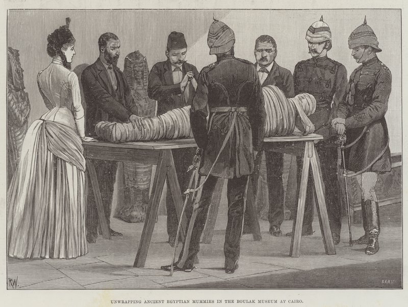 Het Uitpakken van Oude Egyptische Mummies in het Boulak Museum in Caïro door Richard Caton Woodville junior