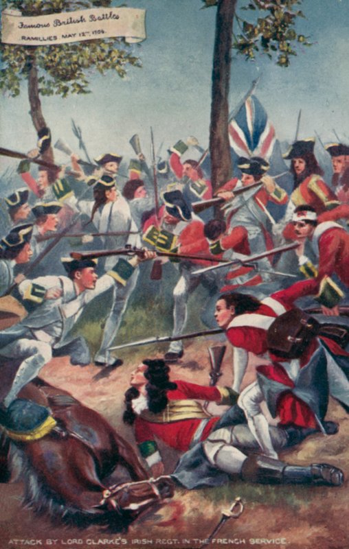 Aanval door het Ierse regiment van Lord Clarke in Franse dienst, Slag bij Ramillies, Spaanse Successieoorlog, 1706 door Richard Caton II Woodville