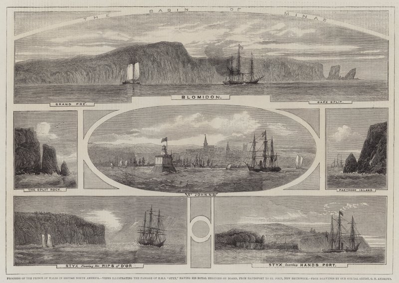 Voortgang van de Prins van Wales in Brits Noord-Amerika, uitzichten die de doorgang van HMS Styx illustreren, met Zijne Koninklijke Hoogheid aan boord, van Handsport naar St. John, New Brunswick door Richard Principal Leitch