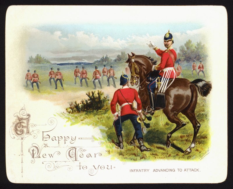 Infanterie die oprukt om aan te vallen, nieuwjaarskaart door Richard (after) Simkin