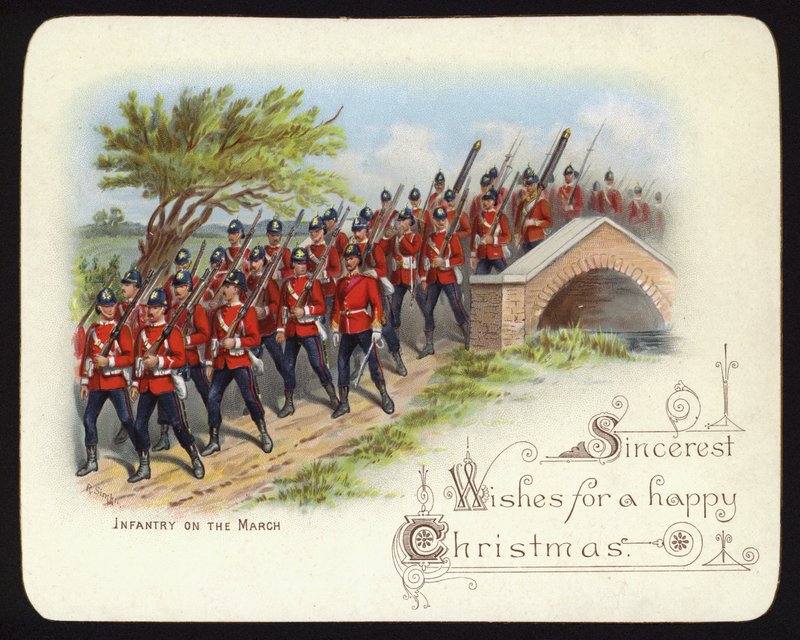 Infanterie op mars, kerstgroetkaart door Richard (after) Simkin
