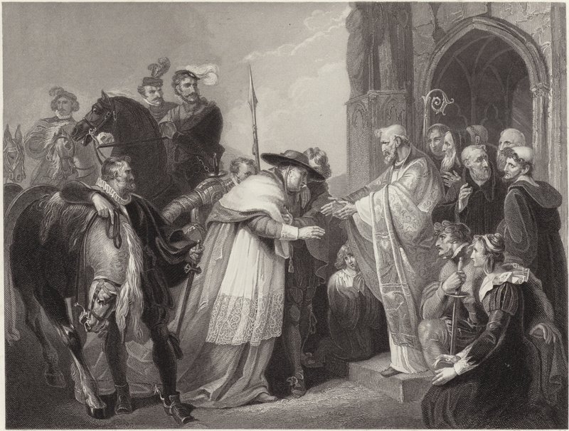 Kardinaal Wolsey in Leicester Abbey (gravure) door Richard (after) Westall
