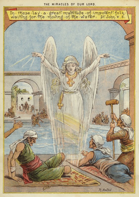 De Wonderen van Christus: zieke mensen wachten op het bewegen van het water door een engel door Richard Andre