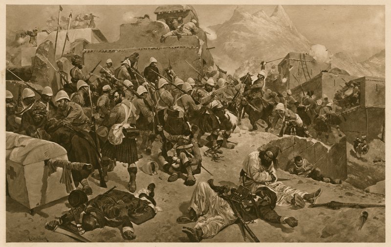 92nd Highlanders en 2nd Gurkhas bestormen Gundi Mulla Sahibdad tijdens de Slag om Kandahar, Afghanistan, Tweede Anglo-Afghaanse Oorlog door Richard Caton II (after) Woodville