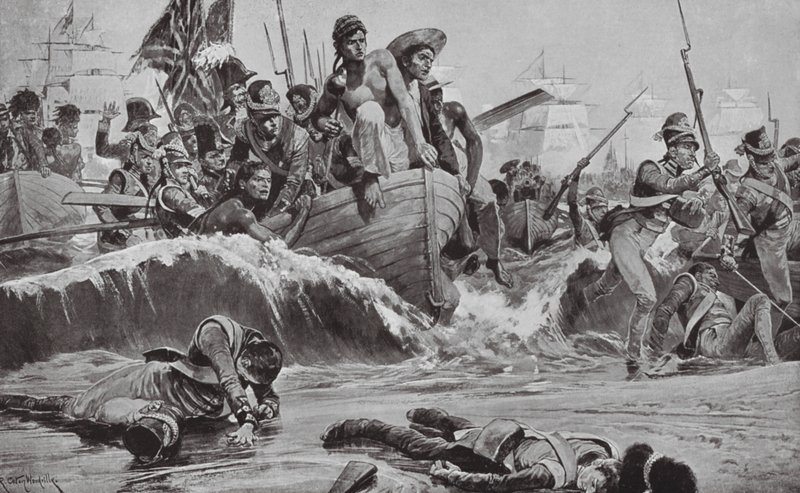 De Britse troepen forceren een landing bij Aboukir Bay tegenover de Franse batterijen door Richard Caton II (after) Woodville