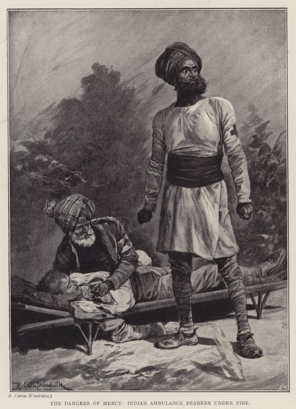 De gevaren van genade, Indiase Ambulance Dragers onder vuur door Richard Caton II (after) Woodville