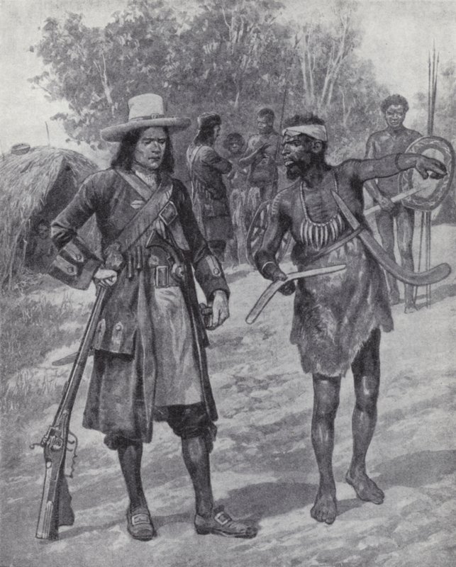William Dampier met een inheemse man tijdens zijn verkenning van Australië, eind 17e eeuw door Richard Caton II (after) Woodville