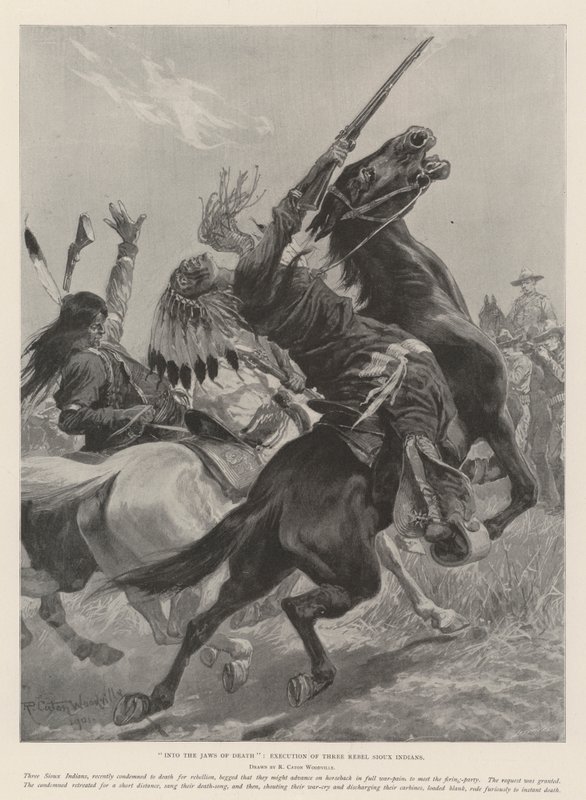 In de Kaken van de Dood, Executie van Drie Opstandige Sioux Indianen door Richard Caton Woodville junior
