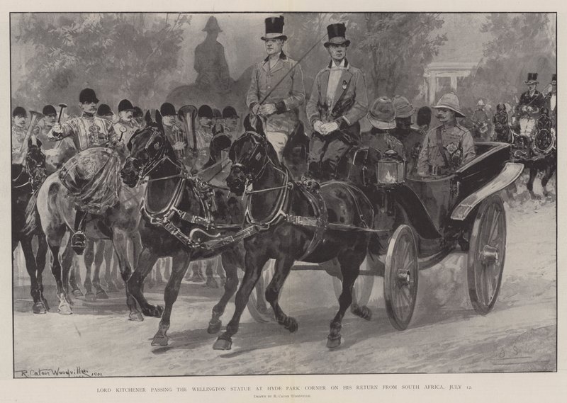 Lord Kitchener passeert het Wellington-standbeeld bij Hyde Park Corner bij zijn terugkeer uit Zuid-Afrika, 12 juli door Richard Caton Woodville junior