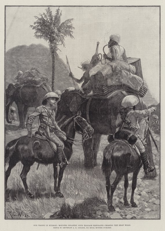 Onze Troepen in Birma, Bereden Infanterie met Bagageolifanten die de Shan Heuvels oversteken door Richard Caton Woodville junior