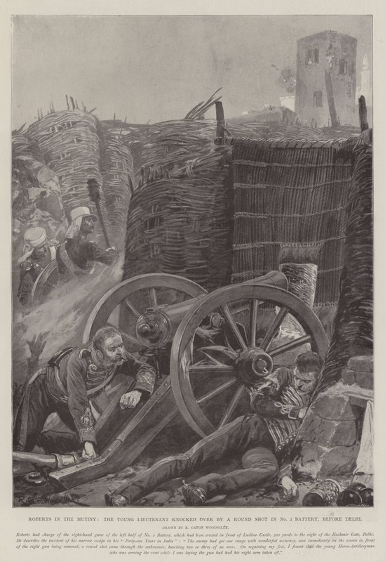 Roberts in de muiterij, de jonge luitenant omvergeworpen door een rond schot in batterij nr. 2, voor Delhi door Richard Caton Woodville junior