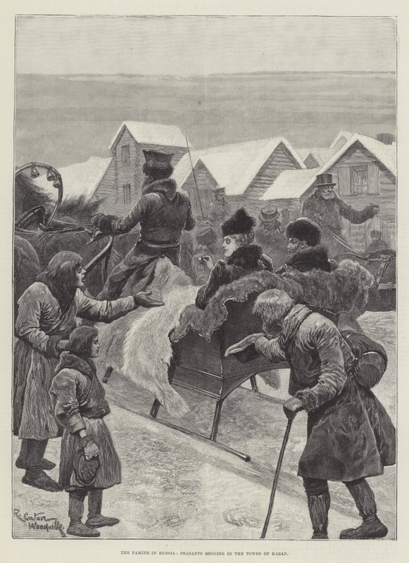 De Hongersnood in Rusland, Boeren die Bedelen in de Steden van Kazan door Richard Caton Woodville junior