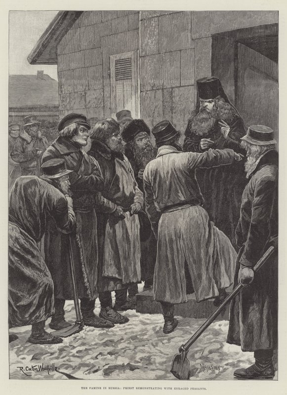 De hongersnood in Rusland, priester die boze boeren terechtwijst door Richard Caton Woodville junior