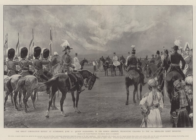 De Grote Kroningsparade in Aldershot, 16 juni, Koningin Alexandra, in afwezigheid van de Koning, presenteert Kleuren aan de 2e Highland Light Infantry door Richard Caton Woodville junior