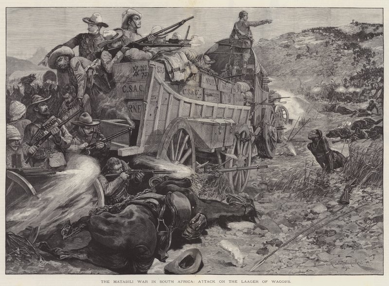 De Matabili Oorlog in Zuid-Afrika, Aanval op de Laager van Wagens door Richard Caton Woodville junior
