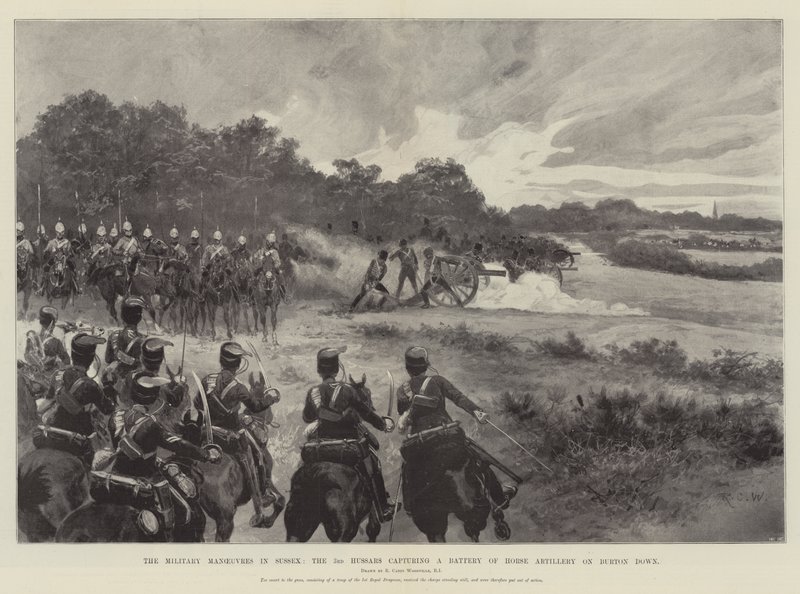 De militaire manoeuvres in Sussex, de 3e Huzaren veroveren een batterij paardartillerie op Burton Down door Richard Caton Woodville junior