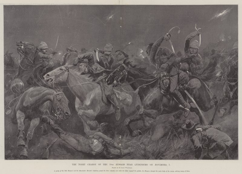De nachtelijke aanval van de 19e Huzaren nabij Lydenburg op 7 november door Richard Caton Woodville junior
