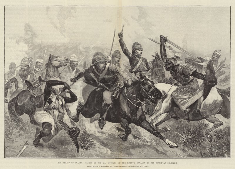 De Bevrijding van Suakin, Aanval van de 20e Huzaren op de Cavalerie van de Vijand in de Actie bij Gemeizeh door Richard Caton Woodville junior