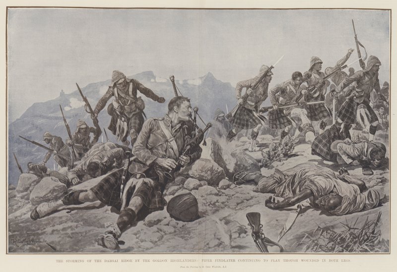 De bestorming van de Dargai Ridge door de Gordon Highlanders, Piper Findlater blijft spelen ondanks verwondingen aan beide benen door Richard Caton Woodville junior