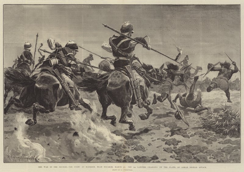 De oorlog in Soedan, het gevecht bij Hasheen, nabij Souakim, 20 maart, de 5e Lancers aanvallend op de flank van Osman Digna