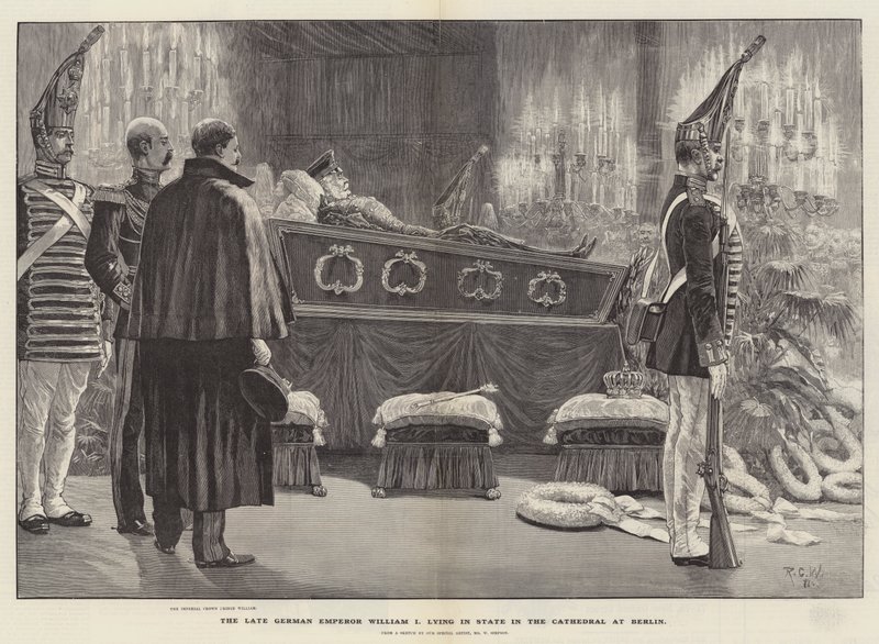 De overleden Duitse keizer Wilhelm I opgebaard in de kathedraal van Berlijn door Richard Caton Woodville junior