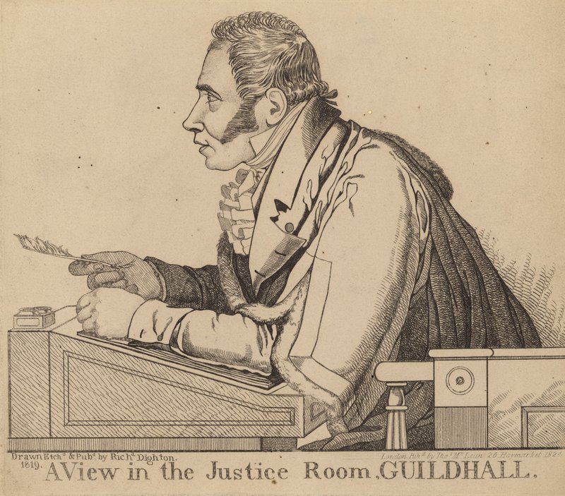 Sir Matthew Wood; Een uitzicht in de Rechtzaal, Guildhall door Richard Dighton