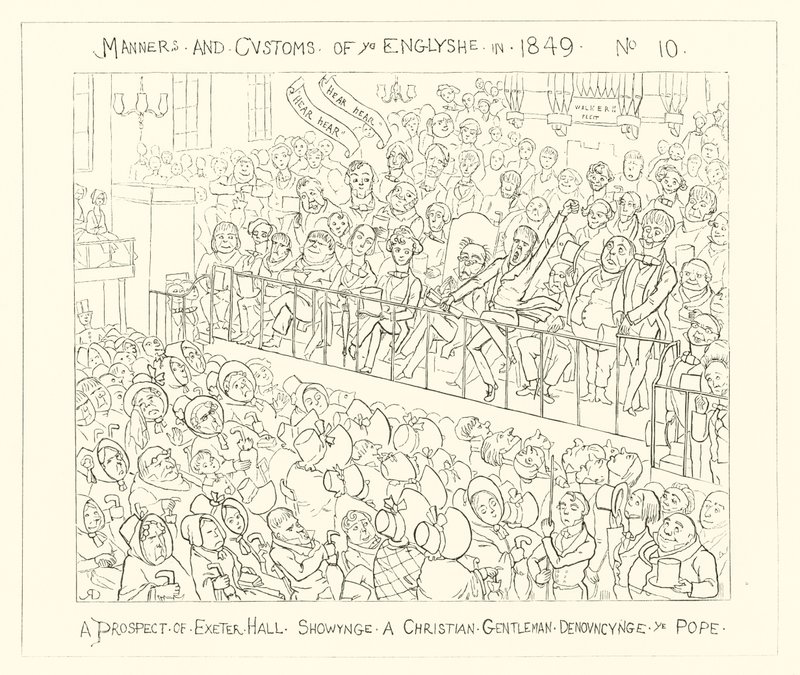 Een vooruitzicht van Exeter Hall toont een christelijke heer die de paus veroordeelt door Richard Doyle