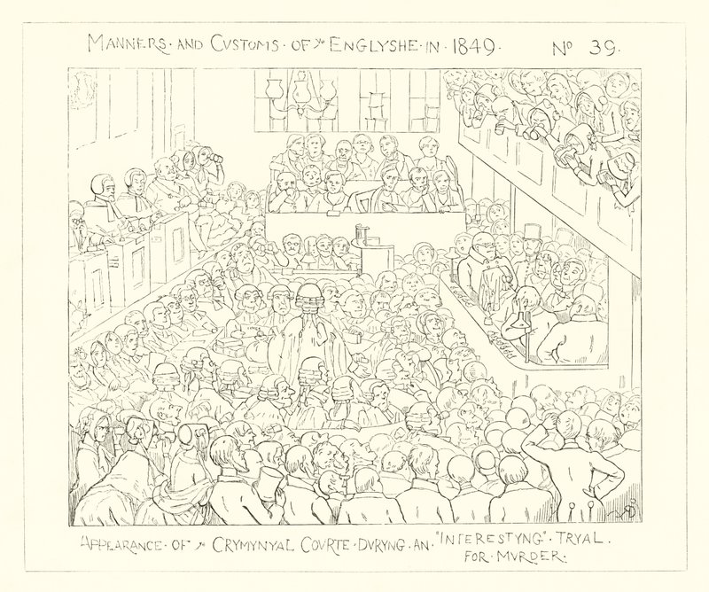 1849, Verschijning van de Strafrechtbank tijdens een interessante moordzaak door Richard Doyle