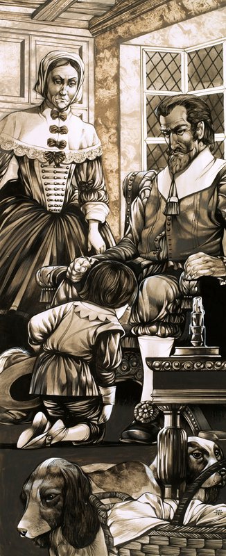 Een 17e eeuwse jongen knielt voor zijn vader in boetedoening (gouache op papier) door Richard Hook