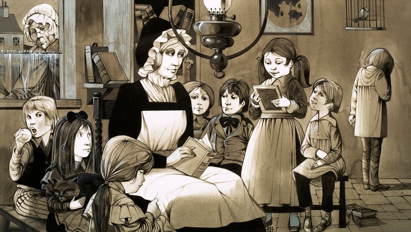 Een "Dame School" uit de jaren 1830 (gouache op papier) door Richard Hook