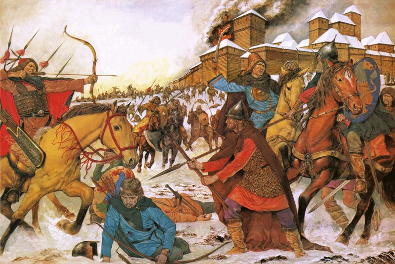 Inwoners van de stad Kiev verdedigen zich tegen nomadische krijgers uit het oosten door Richard Hook