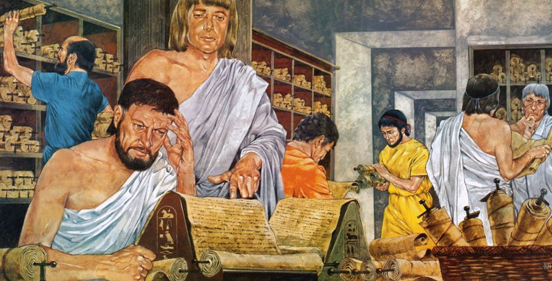 Geleerden aan het werk in de beroemde bibliotheek van Alexandrië door Richard Hook