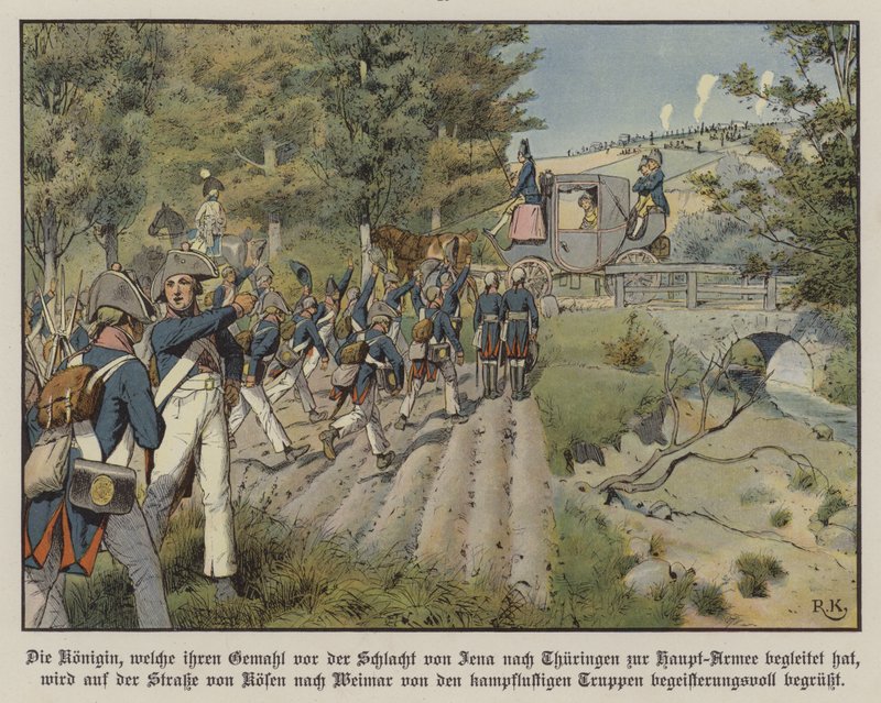 Pruisische soldaten begroeten Koningin Louise van Pruisen terwijl ze hen passeert op de weg van Kosen naar Weimar door Richard Knotel