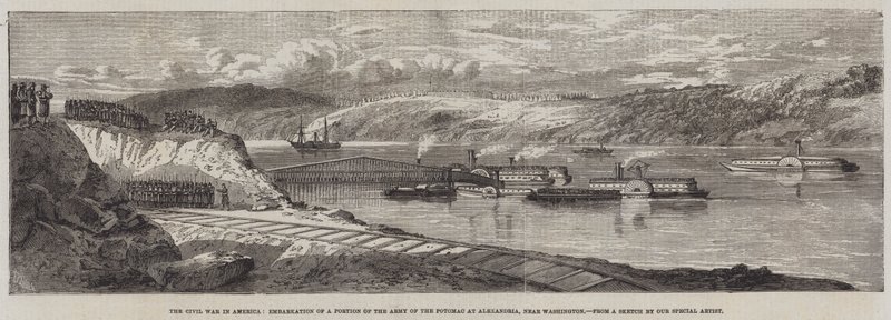 De burgeroorlog in Amerika, inscheping van een deel van het leger van de Potomac in Alexandria, nabij Washington door Richard Principal Leitch