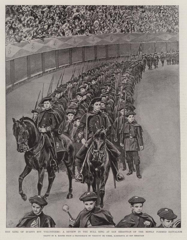 De jongensvrijwilligers van de koning van Spanje, een parade in de stierenarena van San Sebastian van het nieuw gevormde bataljon door Robert Barnes