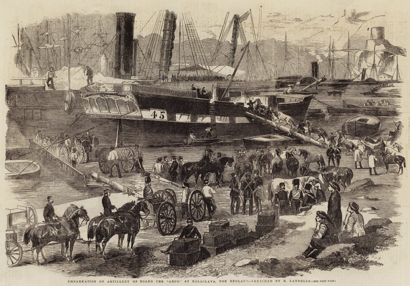 Inscheping van Artillerie aan Boord van de Argo, in Balaclava, voor Engeland door Robert Thomas Landells