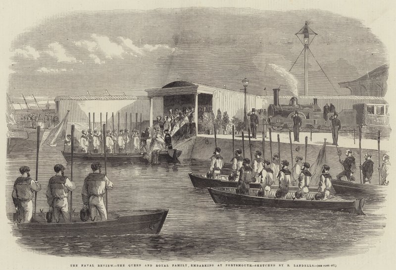 De marineparade, de koningin en de koninklijke familie aan boord in Portsmouth door Robert Thomas Landells