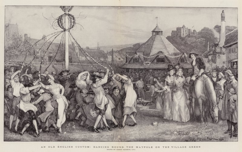 Een oude Engelse gewoonte, dansen rond de meiboom op het dorpsplein door Robert Walker Macbeth