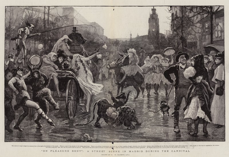 Op plezier gericht, een straattafereel in Madrid tijdens het carnaval door Robert Walker Macbeth