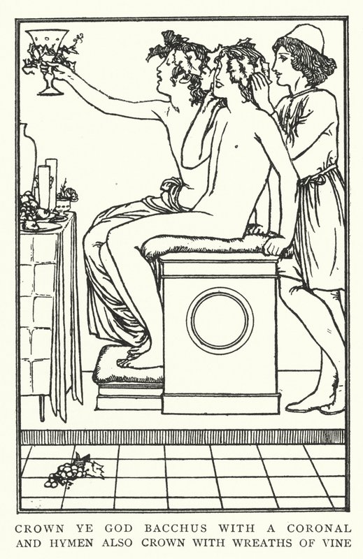 Kroon God Bacchus met een krans, en Hymen ook met wijnranken door Robert Anning Bell