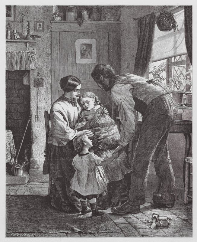 Het zieke kind (gravure) door Robert Barnes