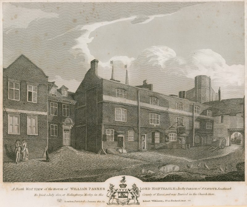 Een noordwestelijk uitzicht op het huis van William Parker, Lord Monteagle door Robert Blemell Schnebbelie