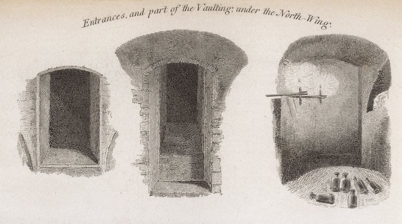 Ingangen en een deel van de gewelven onder de noordvleugel van Crosby Hall door Robert Blemell Schnebbelie