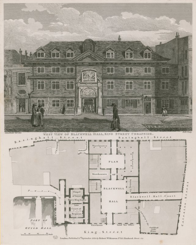 Westelijk uitzicht op Blackwell Hall, King Street, Cheapside door Robert Blemell Schnebbelie