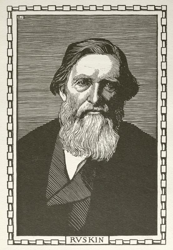 John Ruskin, Engelse schrijver, kunstcriticus, kunstenaar en sociaal denker (houtsnede) door Robert Bryden