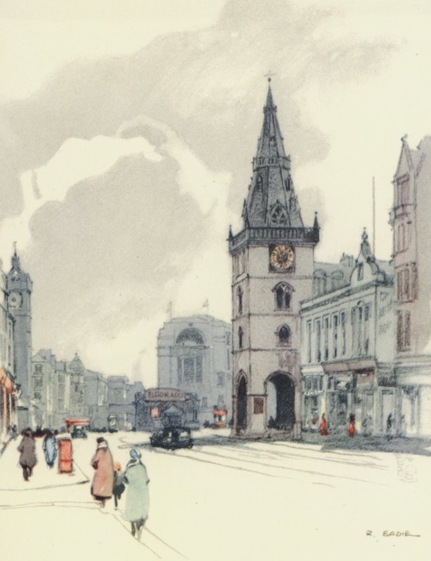 Glasgow: De Tolbooth en de Tron Steeple (kleurenlitho) door Robert Eadie
