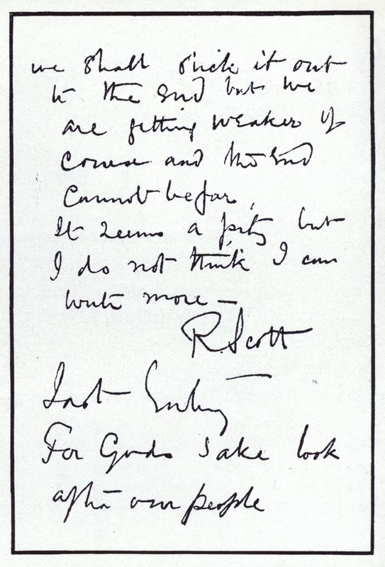 Laatste pagina van het dagboek van poolonderzoeker Robert Falcon Scott, leider van de noodlottige Britse expeditie naar de Zuidpool, 29 maart 1912 (litho) door Robert Falcon Scott